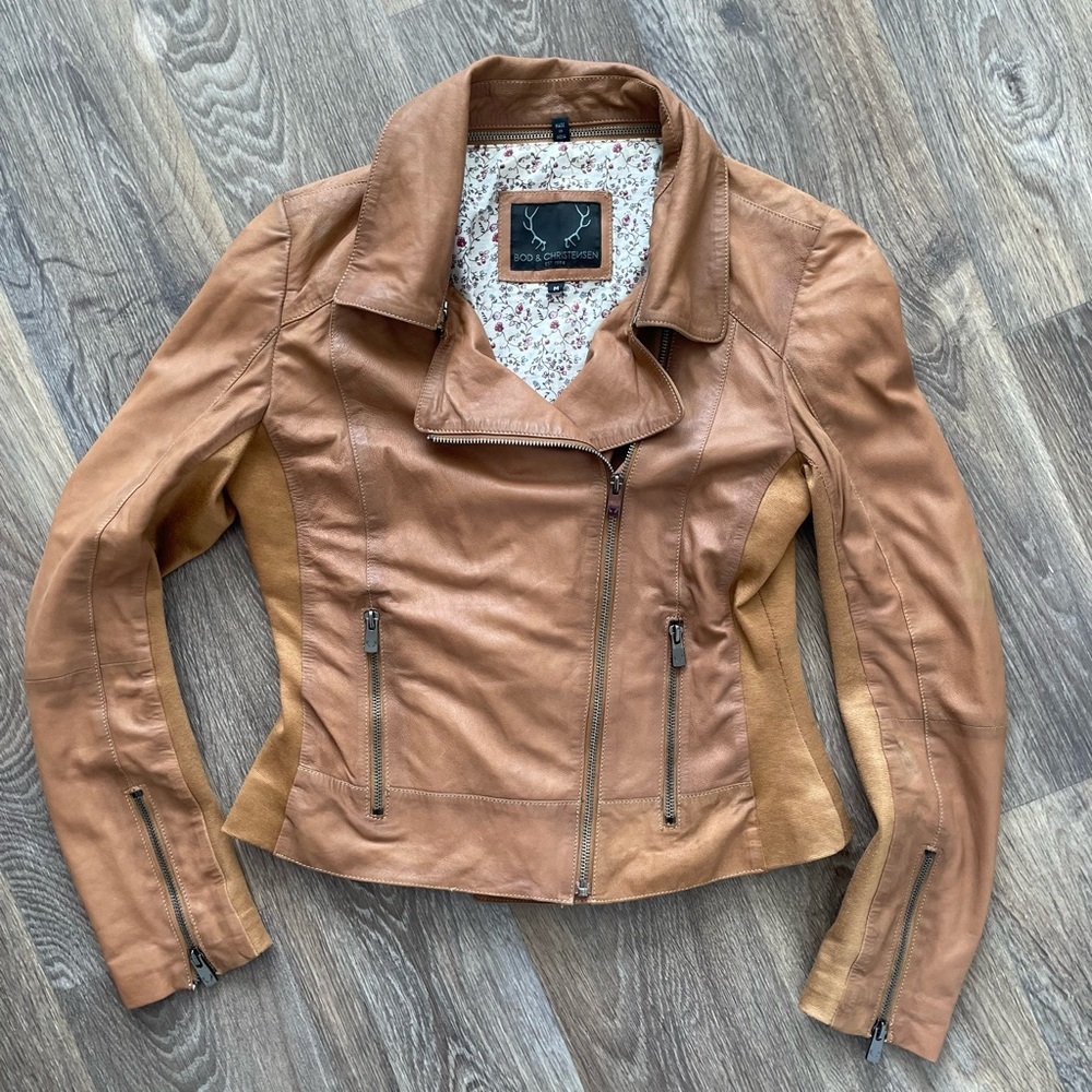 Bod & Christensen Lamb Skin Leather Moto Jacket Medium Tan Fitted Zip Biker $575